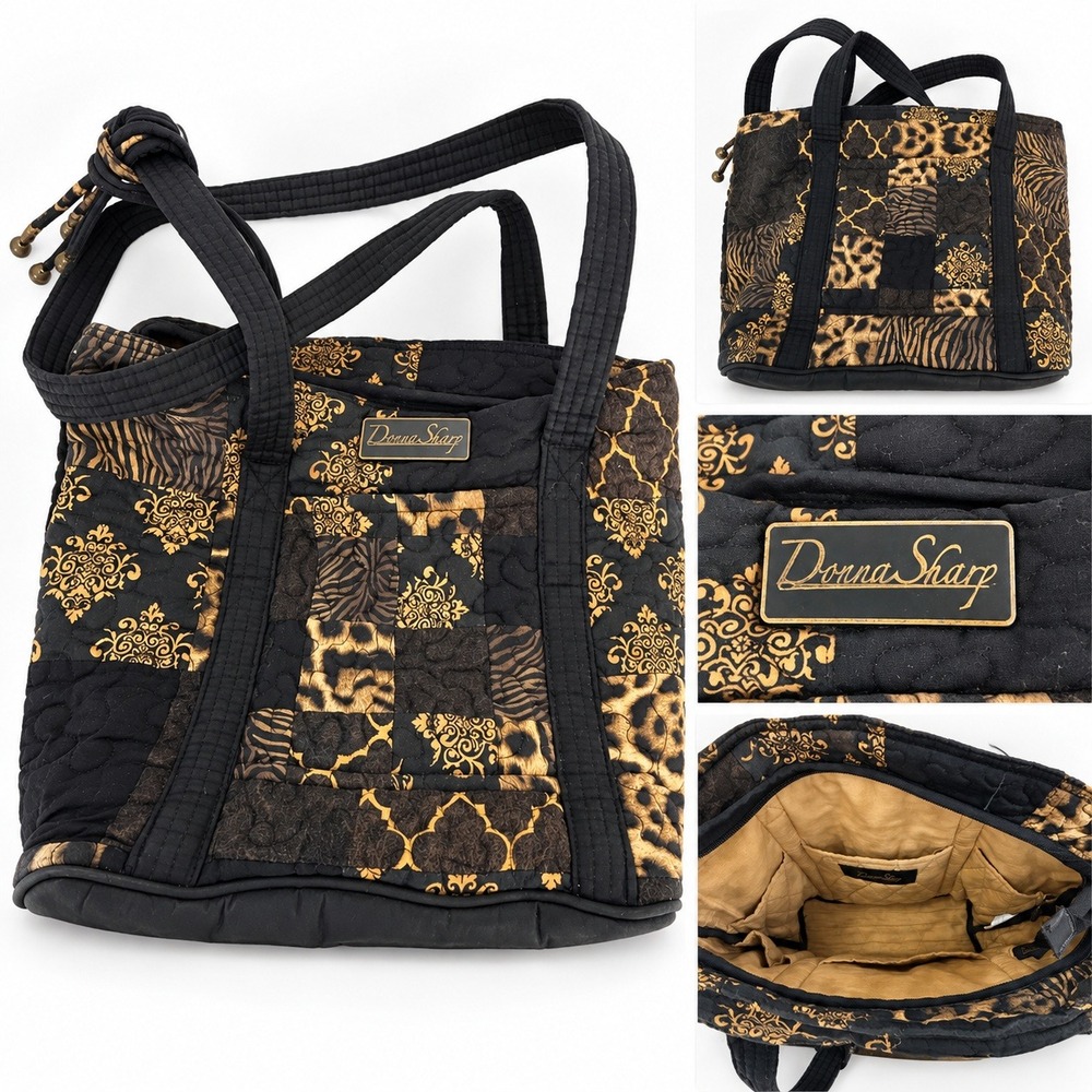 Donna Sharp Quilted Patchwork Tote Bag Animal Print Damask Black Gold Brown